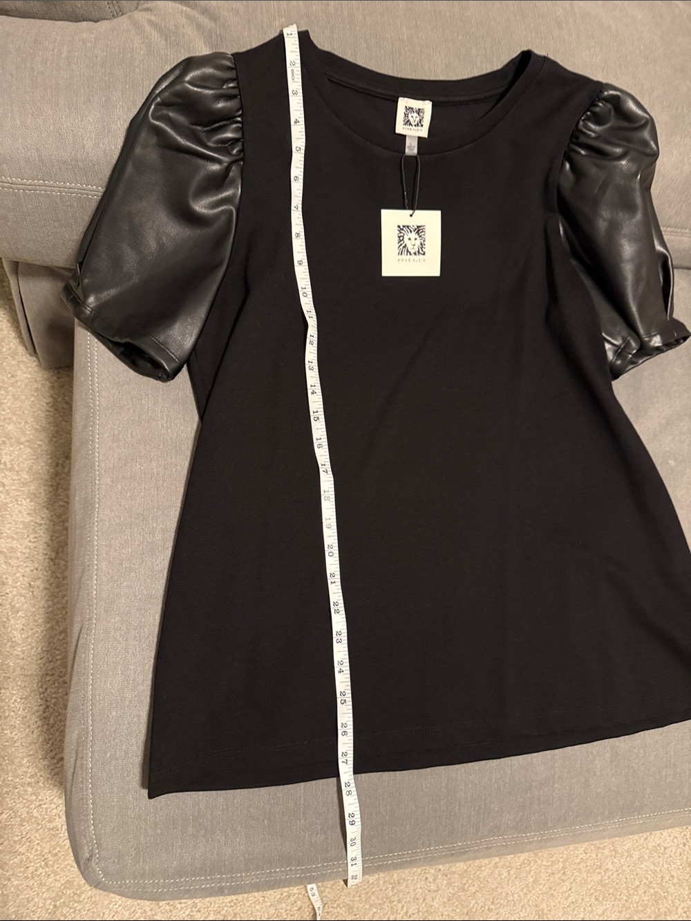 Anne Klein Black Shirt with Faux-Leather Puff Sleeves - Picture 9 of 10